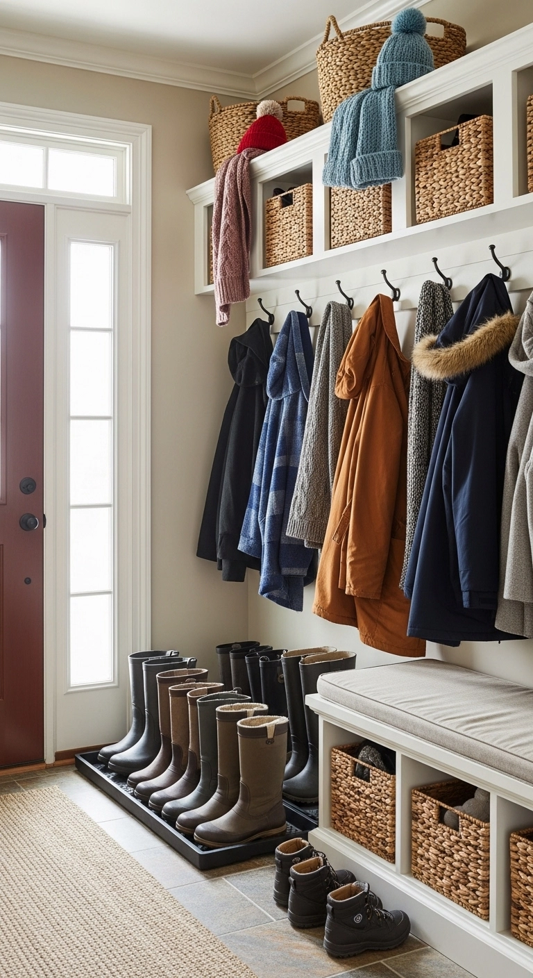 small mudroom ideas with seasonal storage for boots and coats