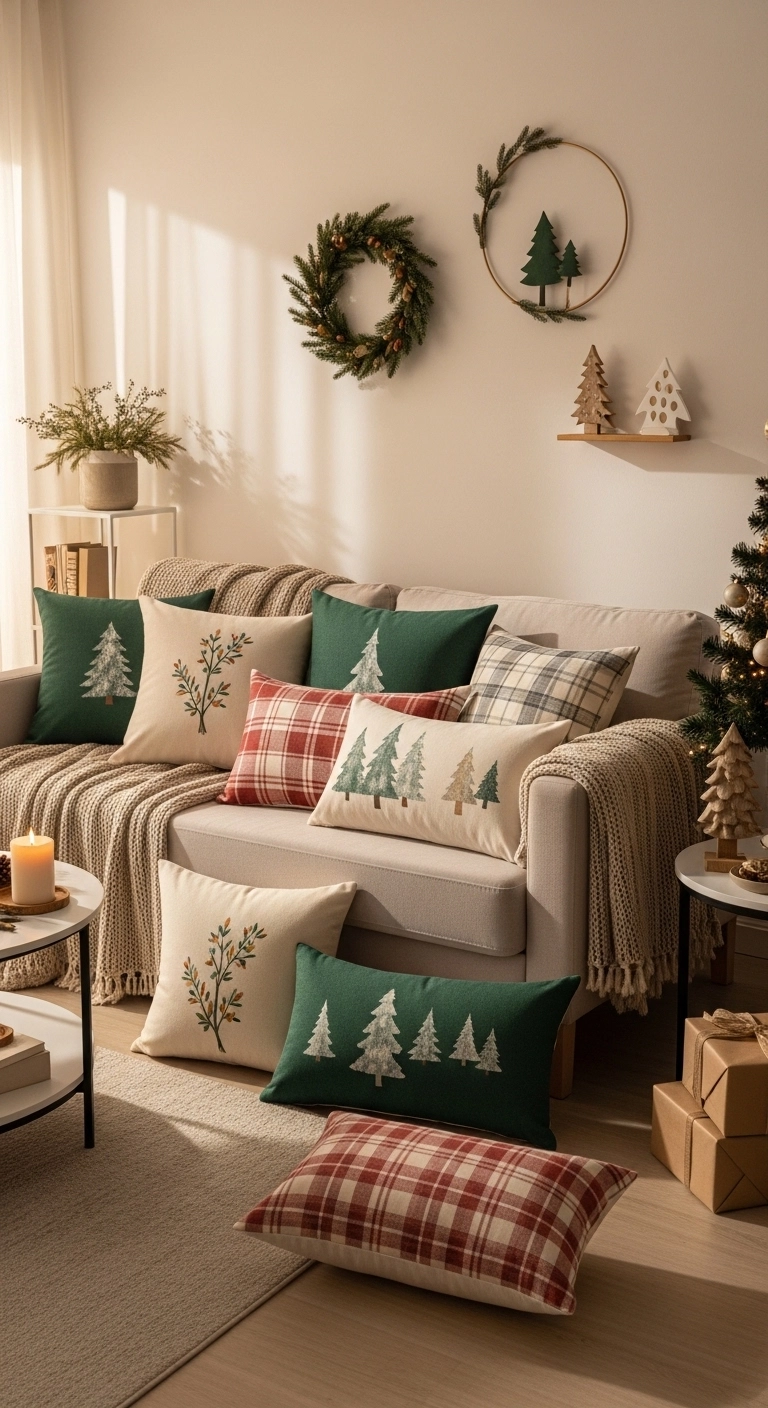living room christmas decor with seasonal pillow covers on a sofa