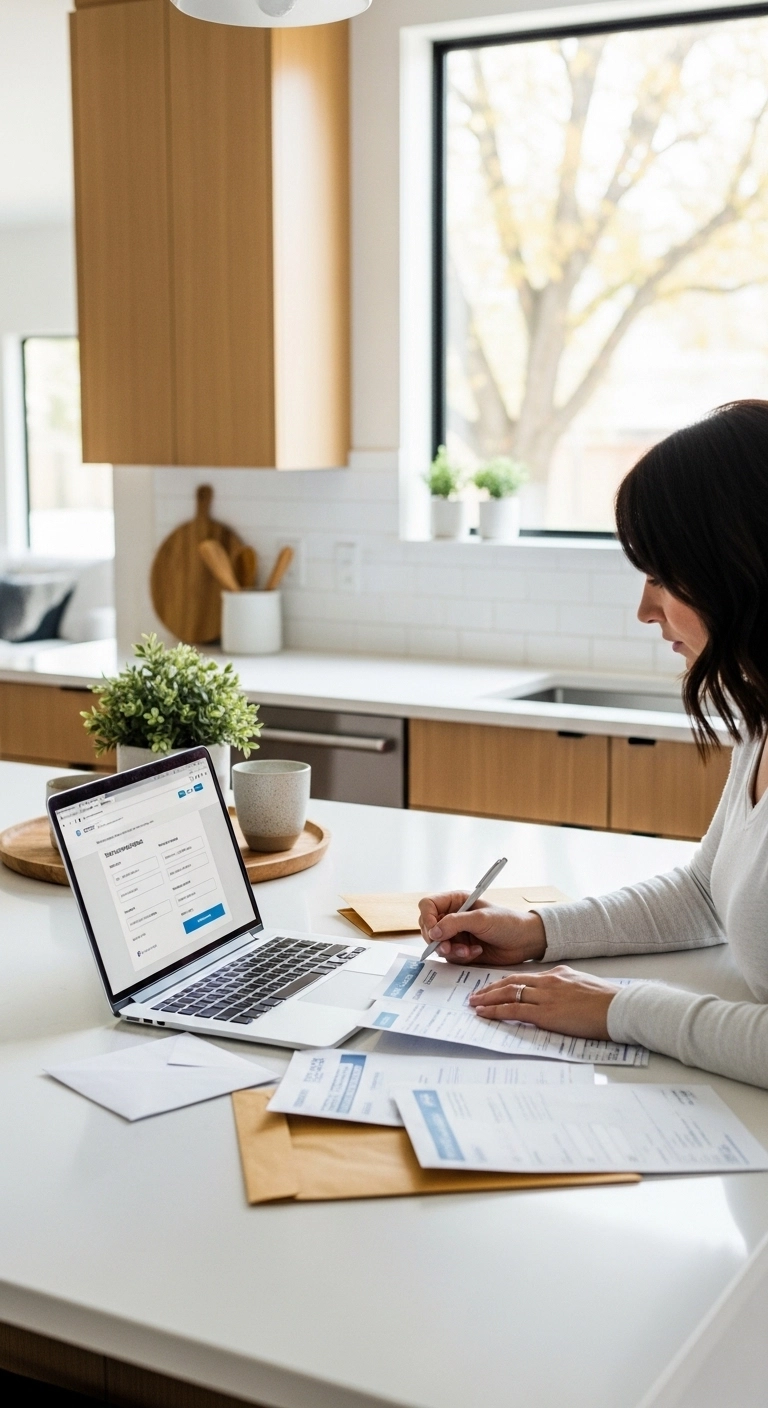 New homeowner checklist with utility bills and account setup at home