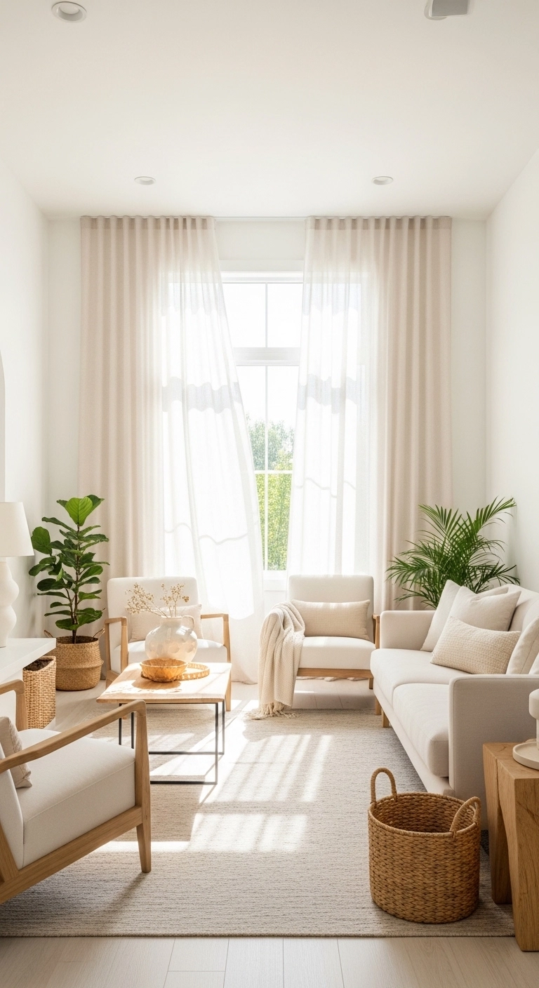 White living room ideas with sheer curtains and soft daylight