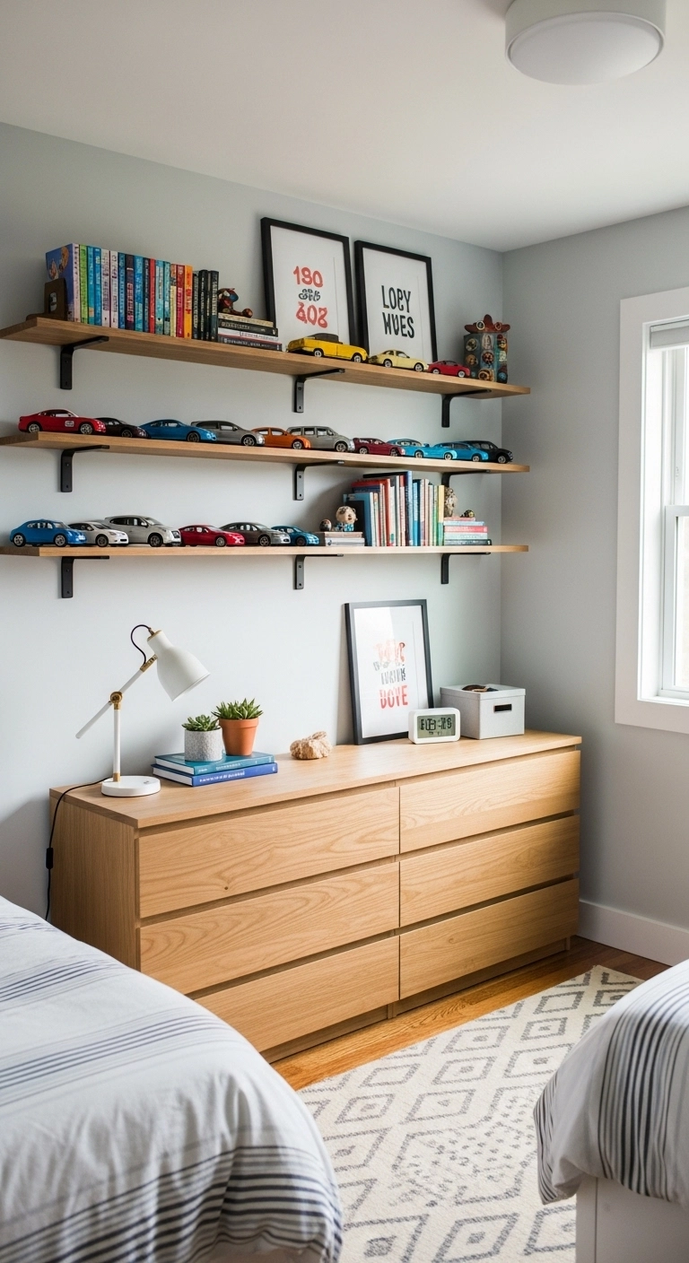 boys bedroom ideas with floating shelves for books and display items