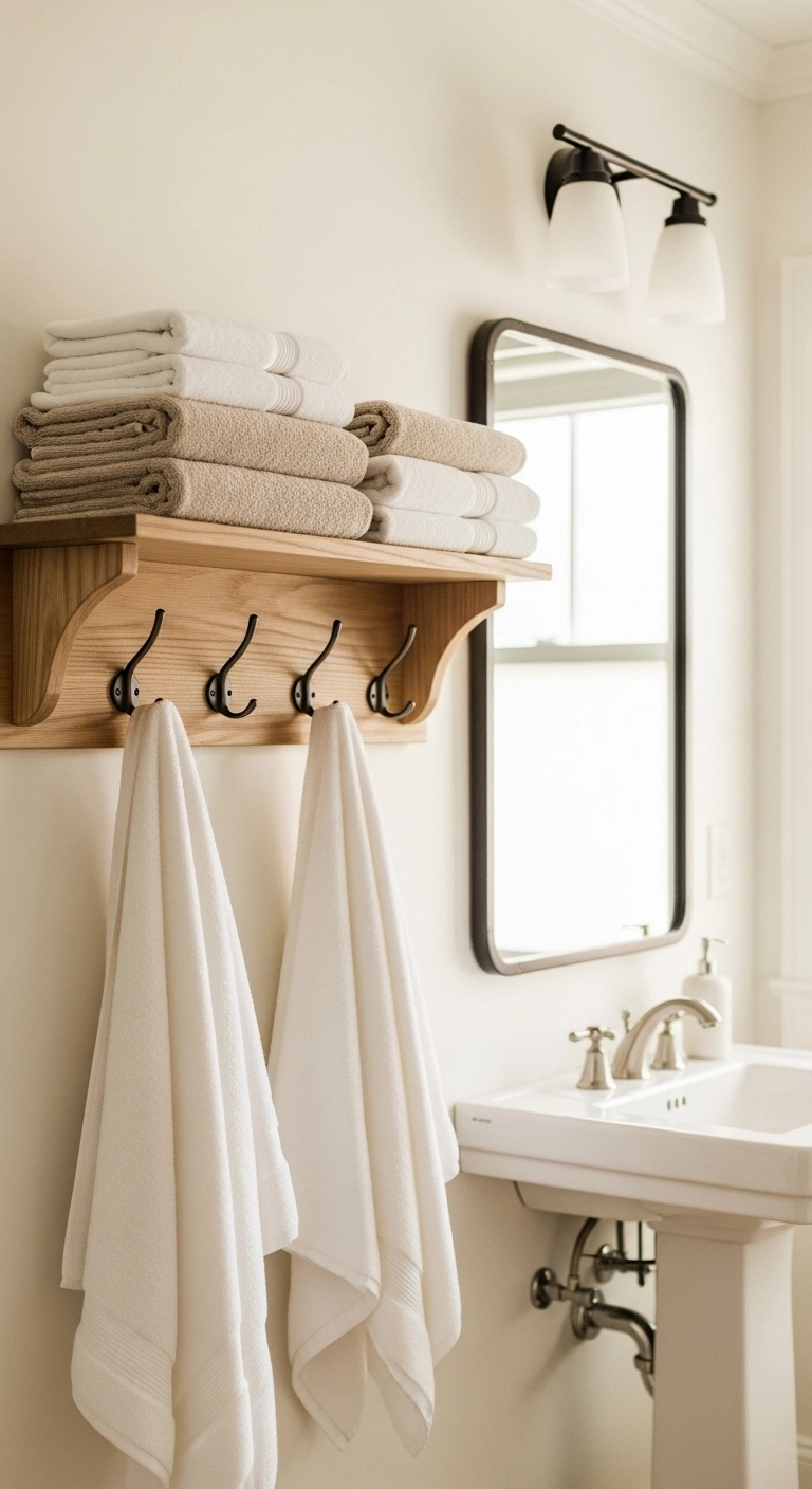 Bathroom towel hanging ideas with a shelf and hooks for extra storage