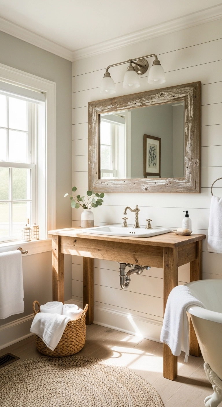 Farmhouse bathroom ideas with white shiplap on a cozy rustic accent wall