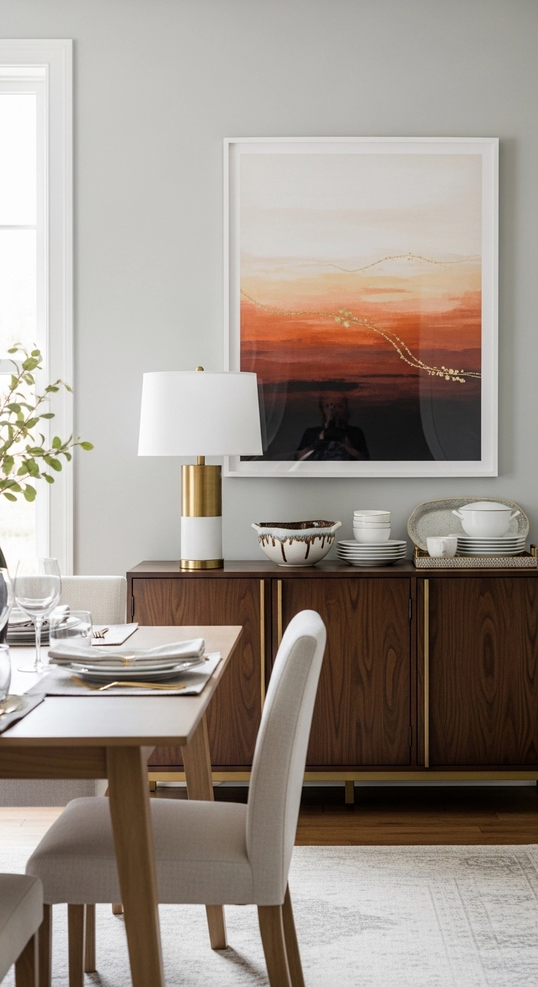 Dining room ideas with a stylish sideboard, lamp, and functional storage