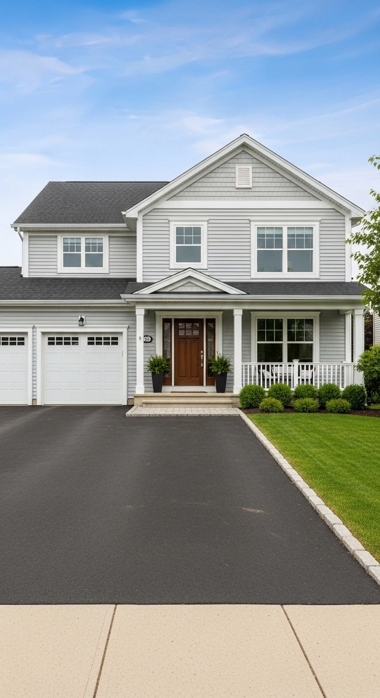 Asphalt driveway ideas with a simple straight layout and neat front yard