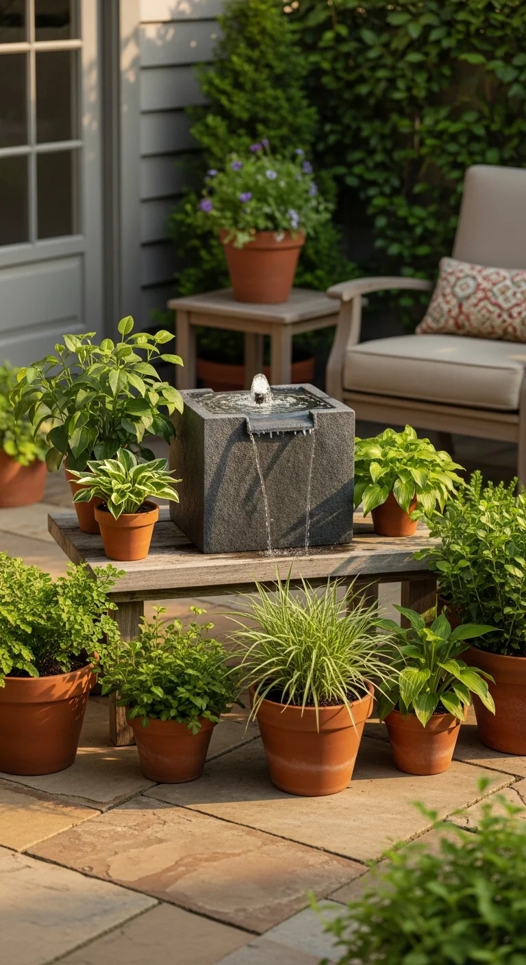 budget small backyard ideas with a simple self-contained fountain