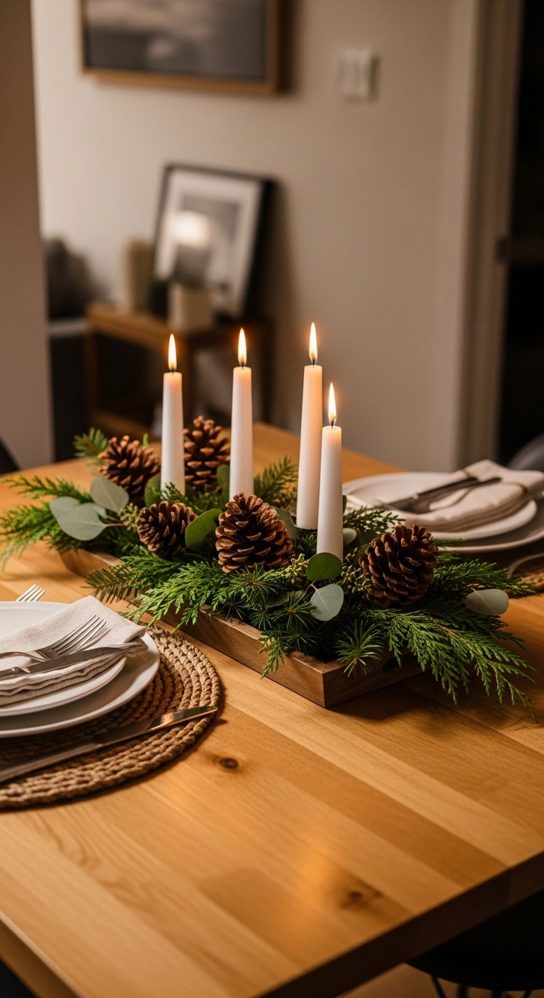 christmas apartment decor with a simple dining table centerpiece