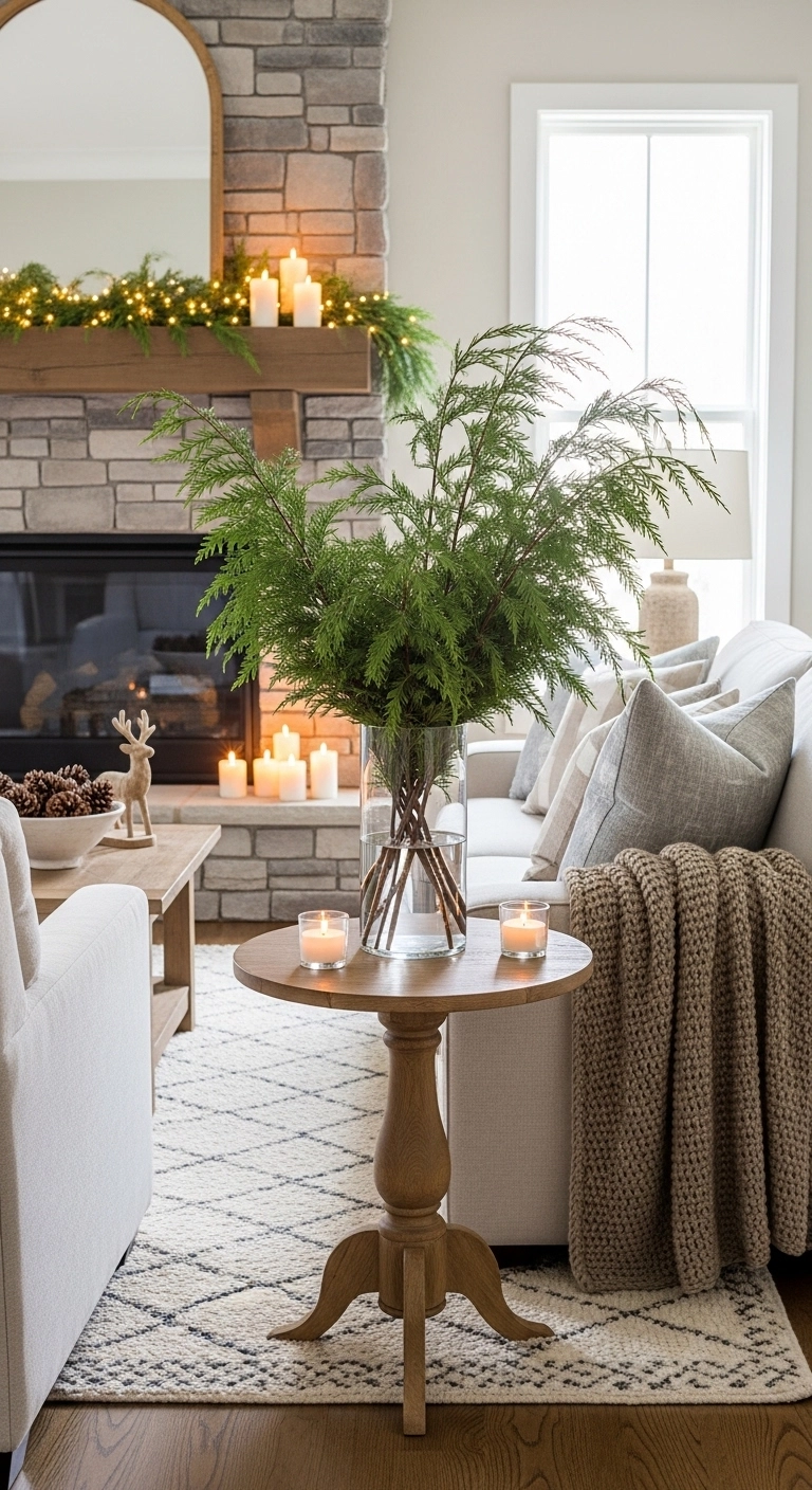 living room christmas decor with simple greenery on mantel and table