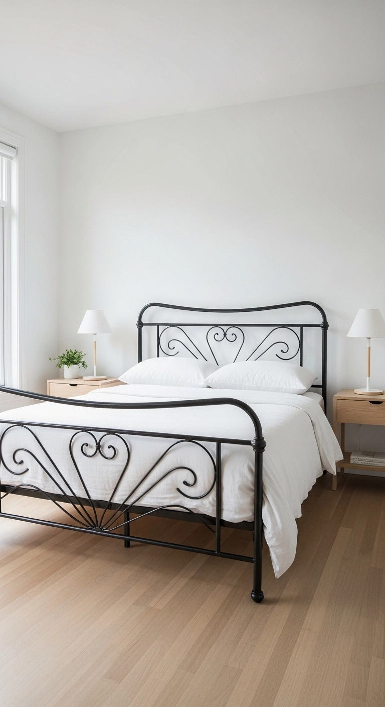 metal bed frame bedroom ideas with simple nightstands and a detailed frame