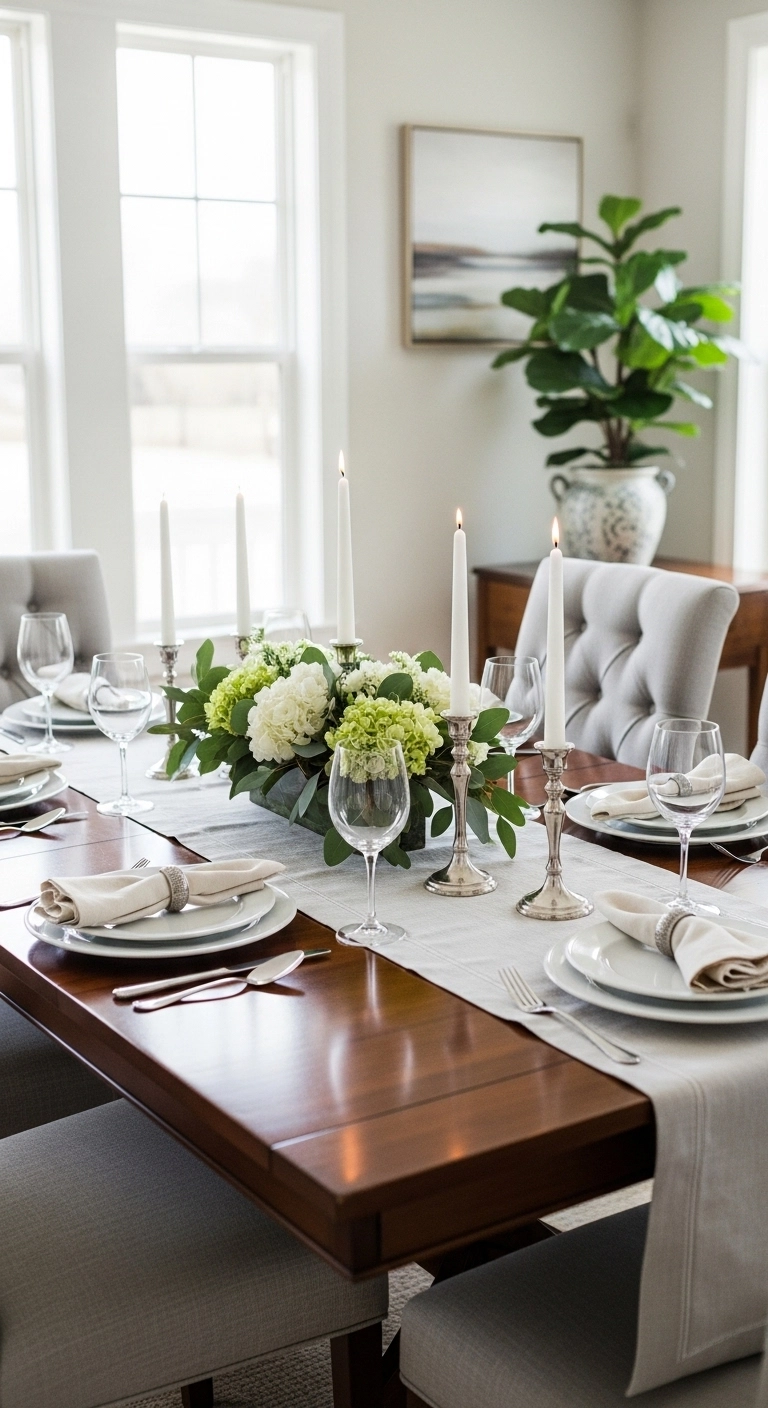 Dining room ideas with a lightly decorated table and simple centerpiece