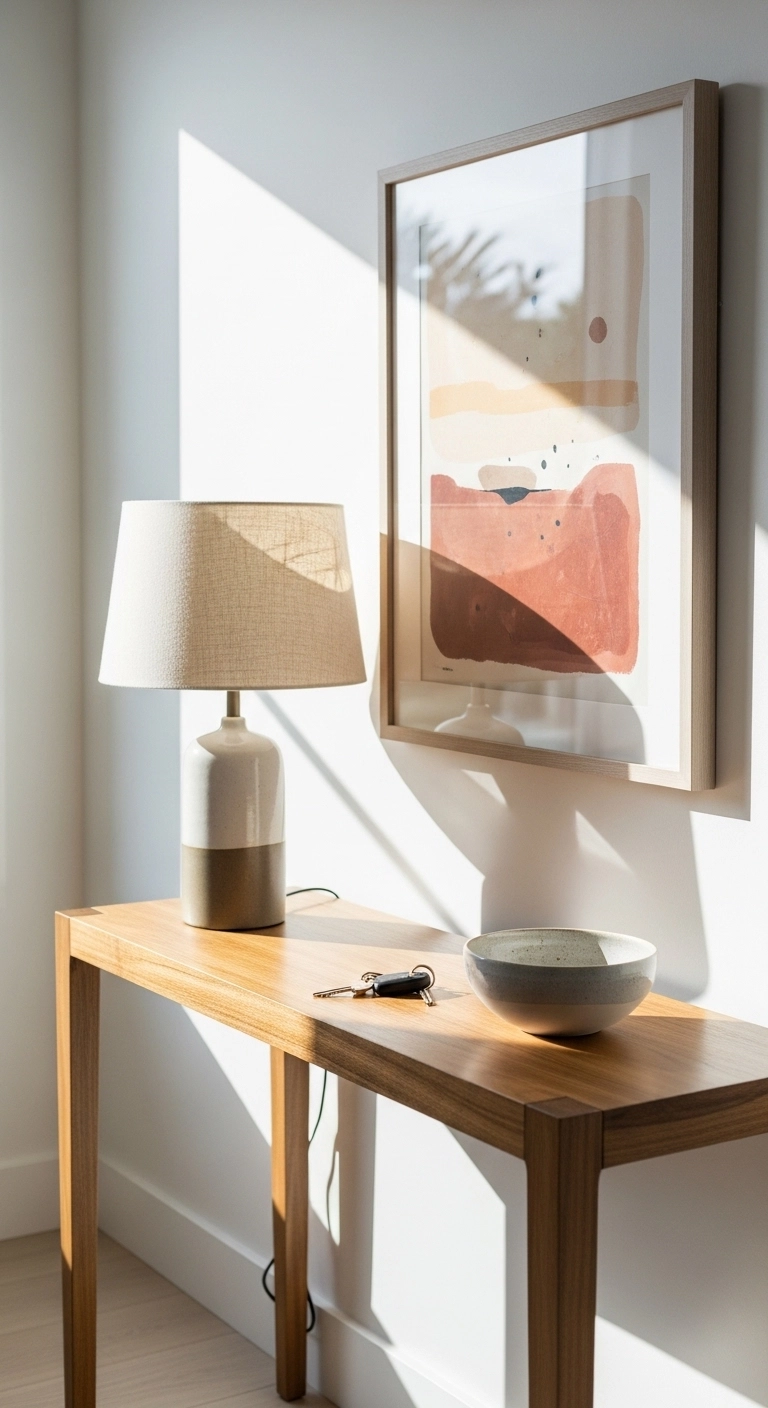 Entryway decor ideas with a slim console table and lamp near the front door