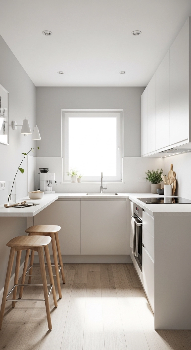 Island kitchen ideas with a slim island and seating in a small modern kitchen