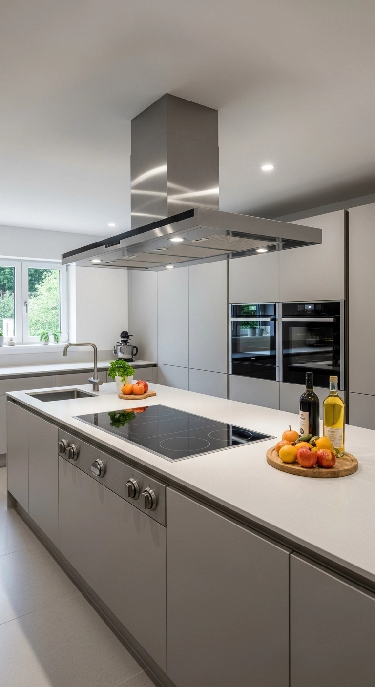 kitchen hood ideas with a slim brushed metal hood