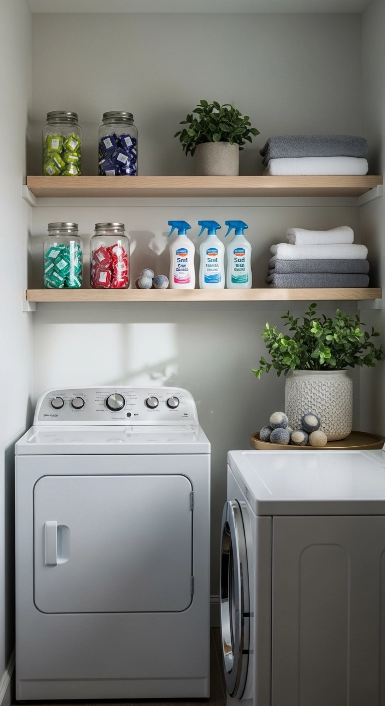 Small laundry room ideas with slim shelves for detergent and supplies