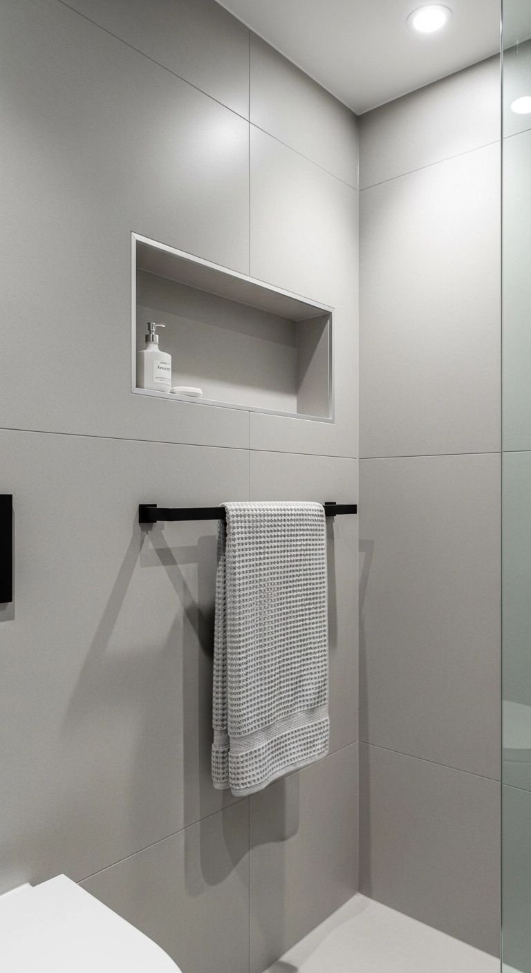 Bathroom towel hanging ideas with a slim towel bar in a compact bathroom