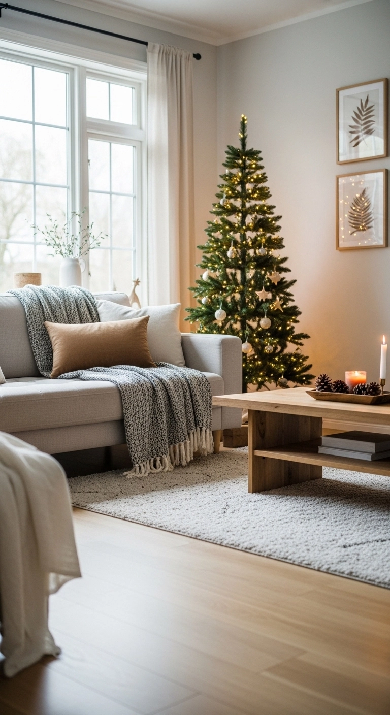 living room christmas decor with a slim tree in a cozy corner