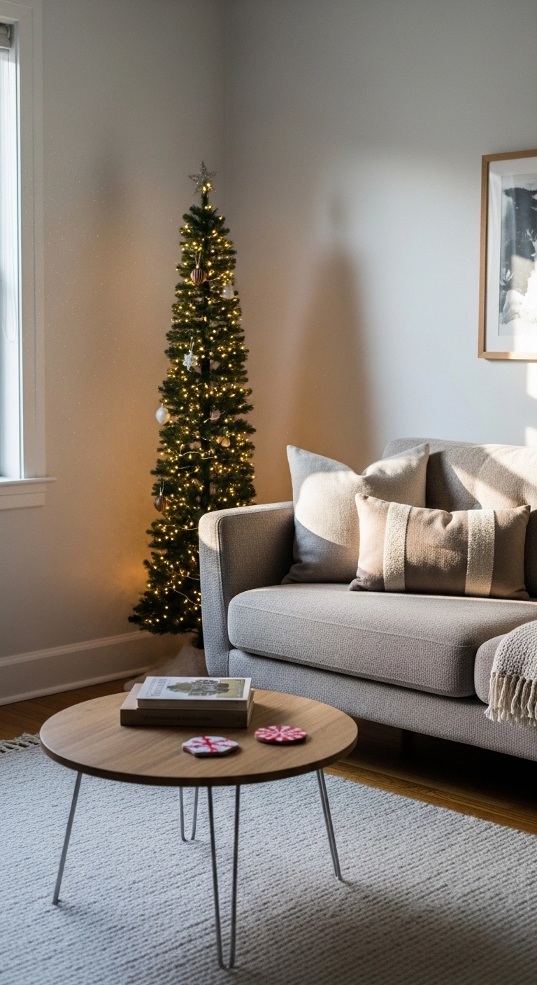christmas apartment decor with a slim tree in a cozy small living room