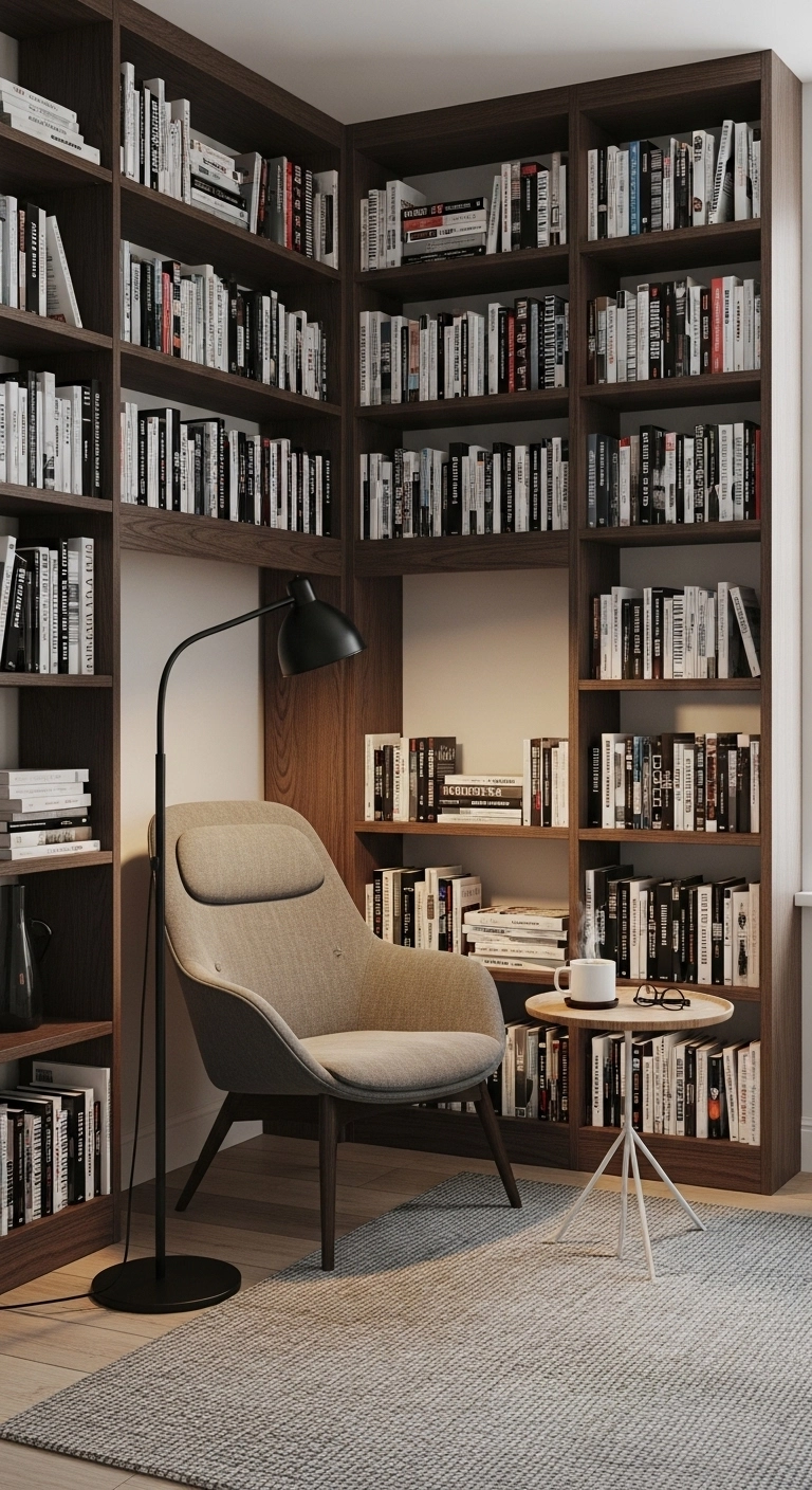Library room ideas for a small corner with vertical shelving and compact chair