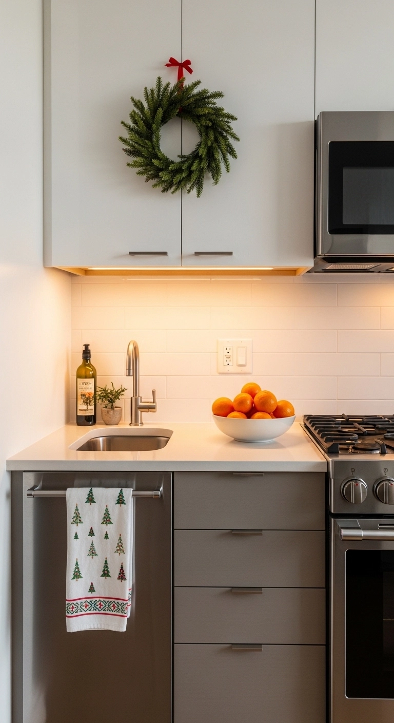 christmas apartment decor in a small kitchen with festive seasonal details