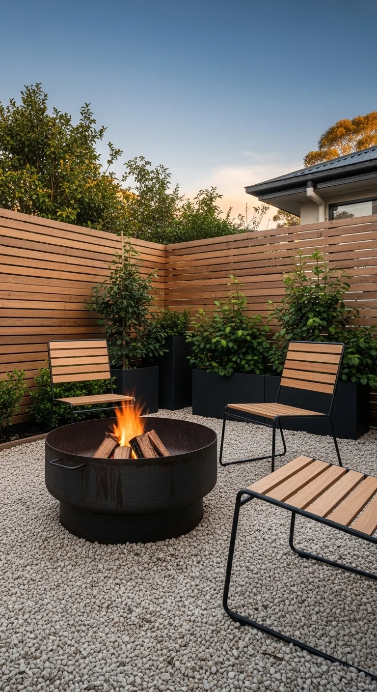 budget small backyard ideas with a round fire pit and patio chairs