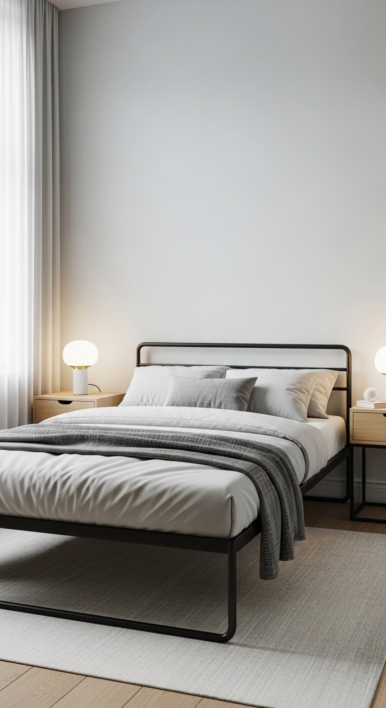 metal bed frame bedroom ideas for a small bedroom with open floor space