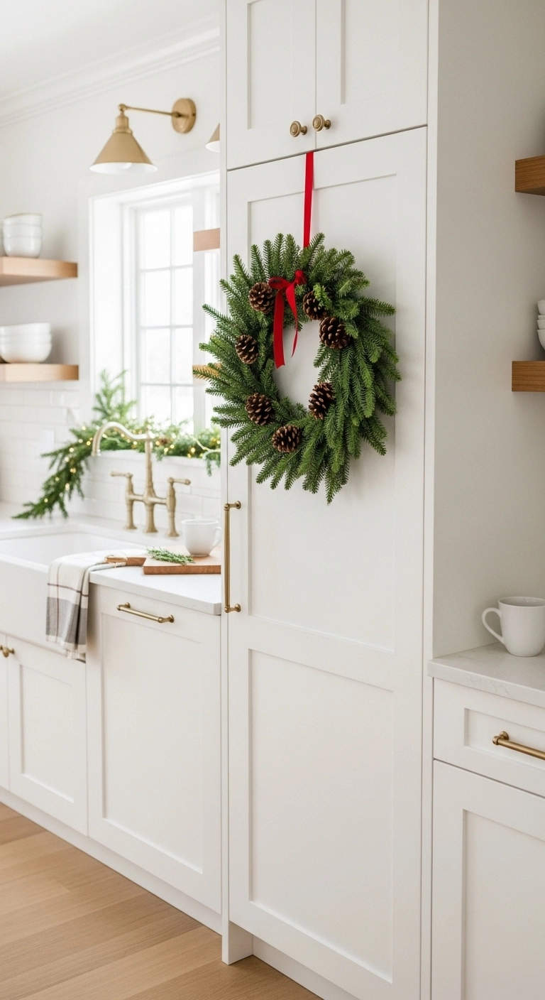 christmas kitchen decor ideas with a small wreath on a pantry door