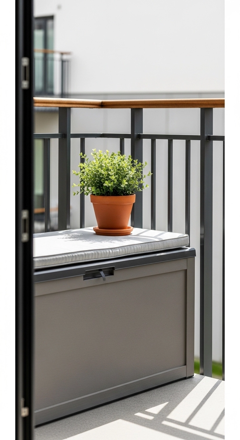 apartment balcony ideas with a storage bench and clean modern setup