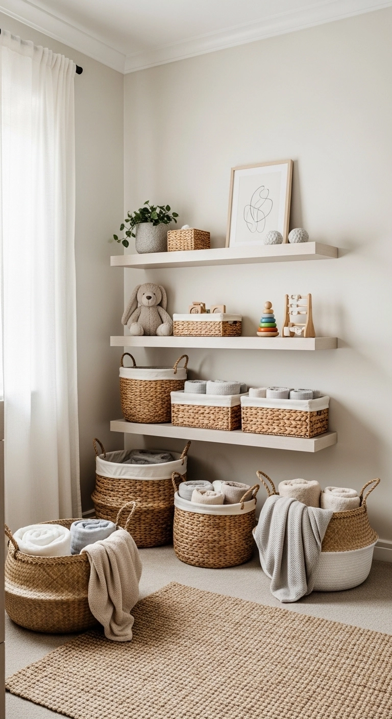Baby nursery ideas with woven baskets for stylish hidden nursery storage