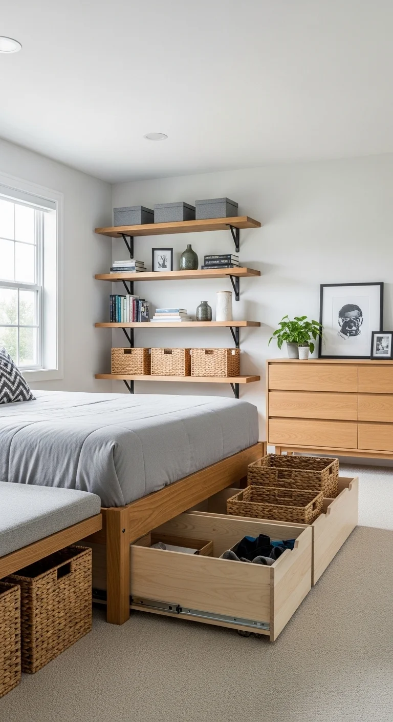 affordable bedroom ideas with smart storage in a tidy stylish bedroom