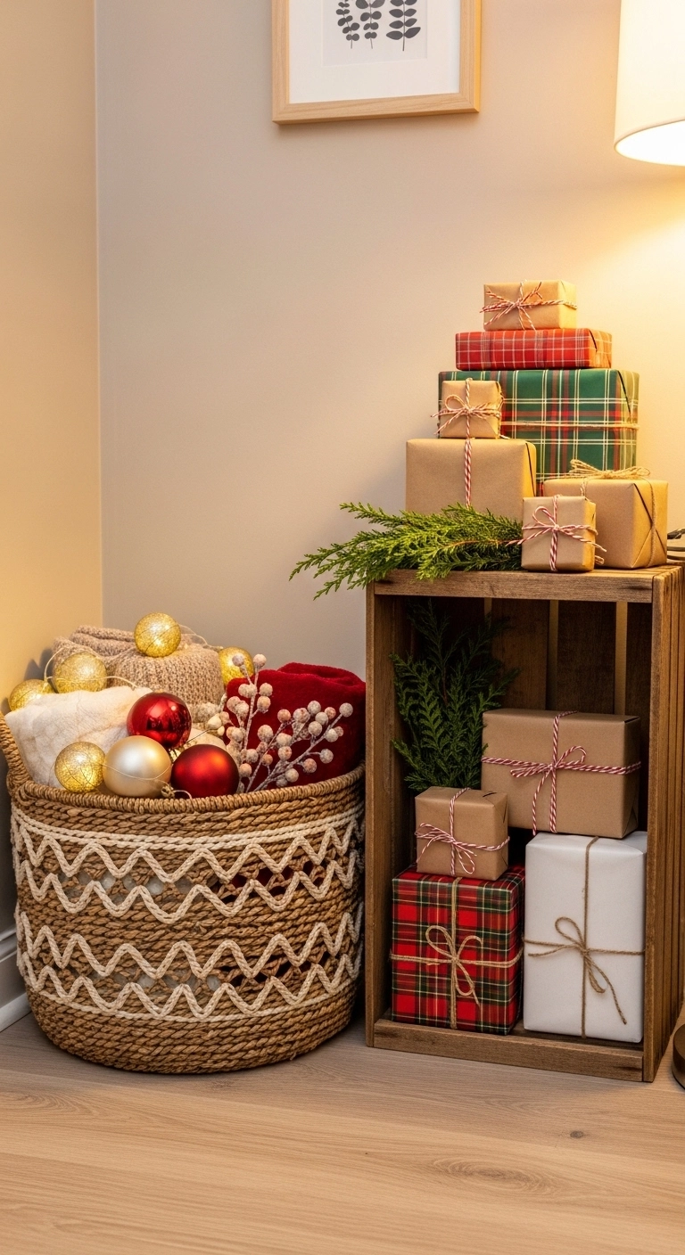 christmas apartment decor with baskets and crates for stylish storage