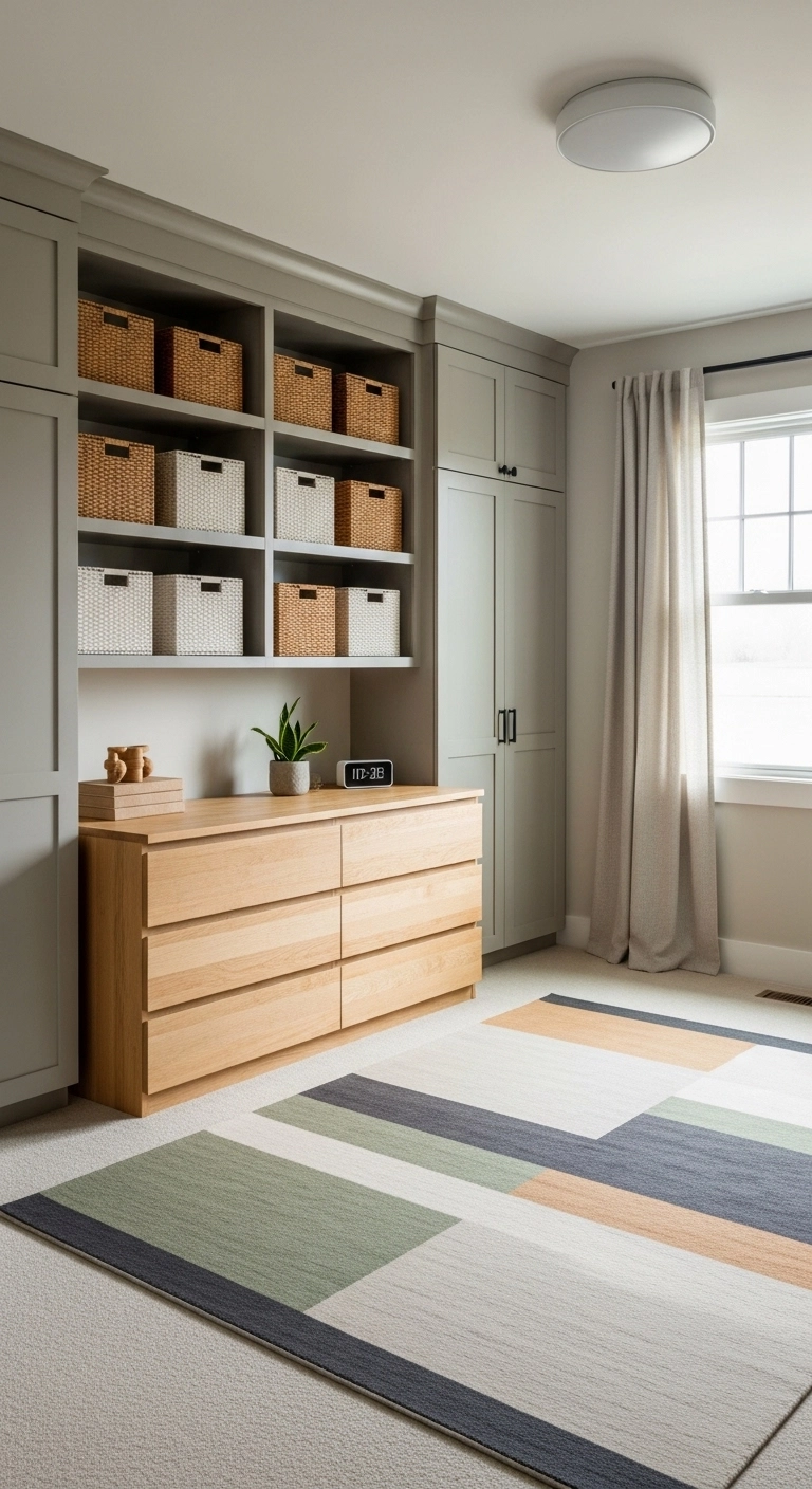 boys bedroom ideas with smart storage cabinets, bins, and tidy layout