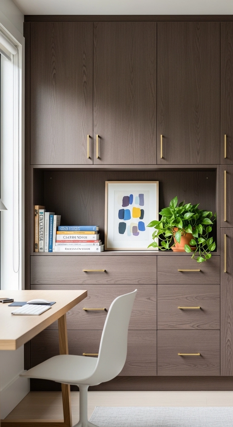 home office ideas with closed storage and open shelves