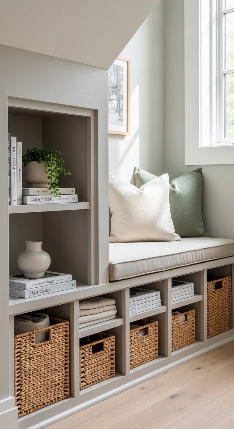 staircase decor ideas with built-in storage under the stairs