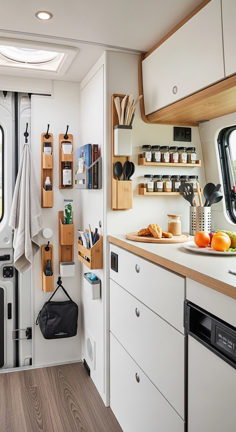 camper interior ideas with vertical wall storage and clear floor space