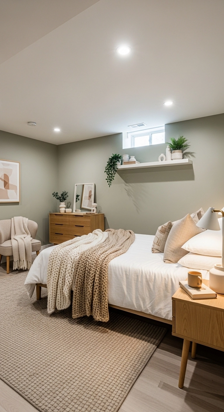 basement bedroom ideas with muted sage and beige accent colors