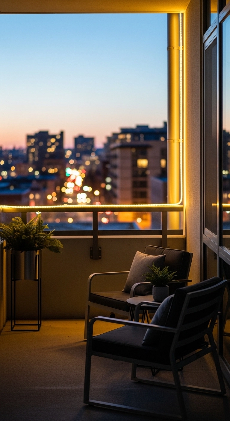 apartment balcony ideas with soft warm string lighting at dusk