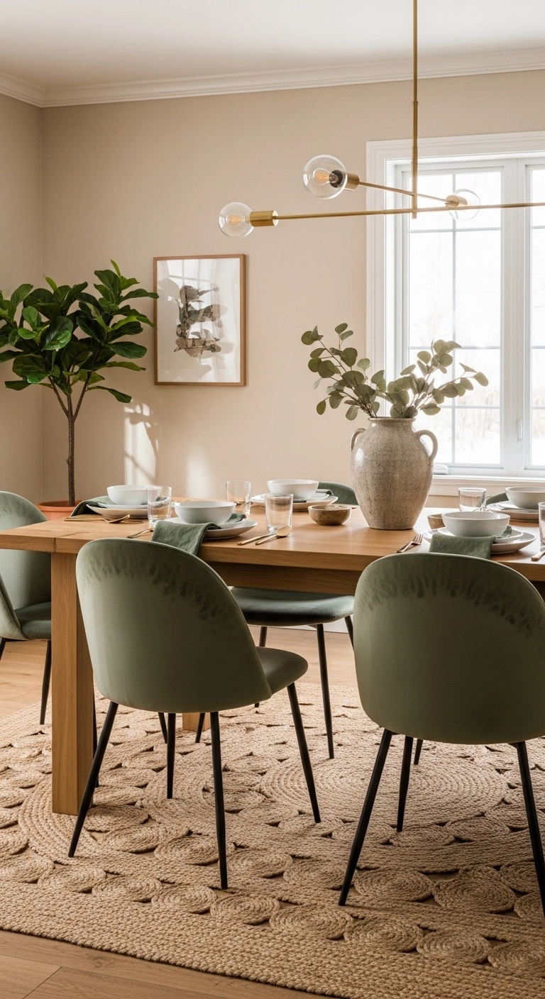 Dining room ideas in soft beige and muted green tones for a grounded look
