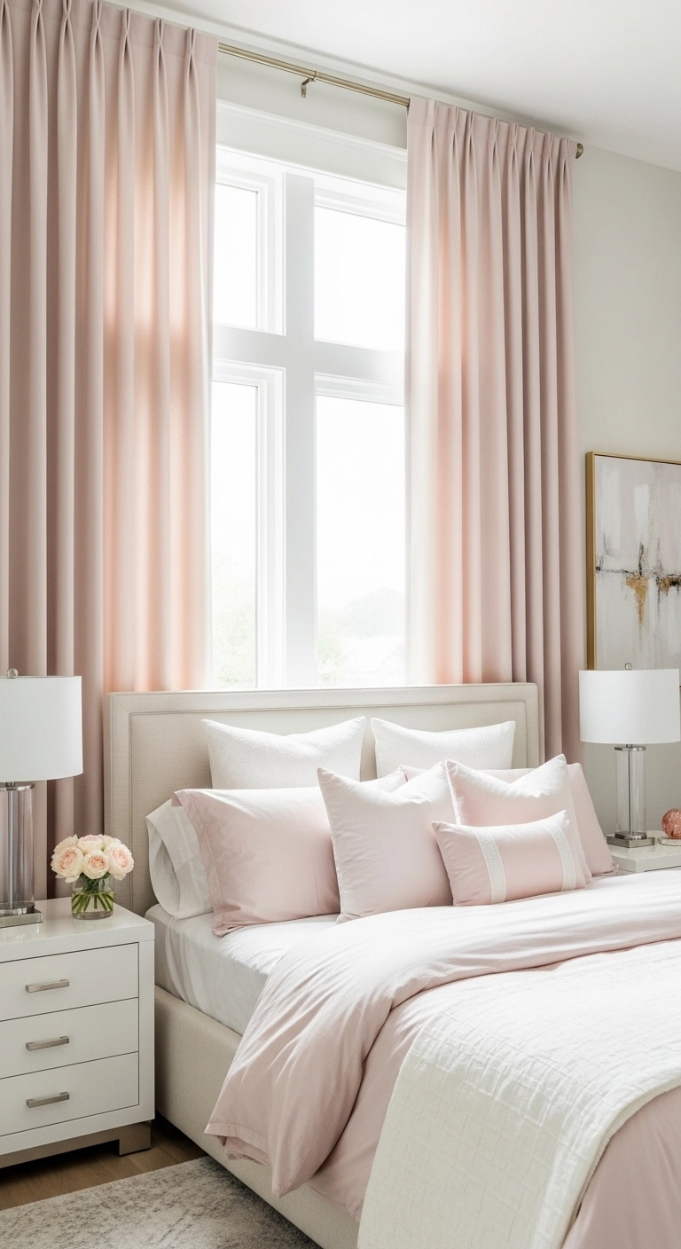 girly room dcore ideas with long blush curtains in a bright bedroom