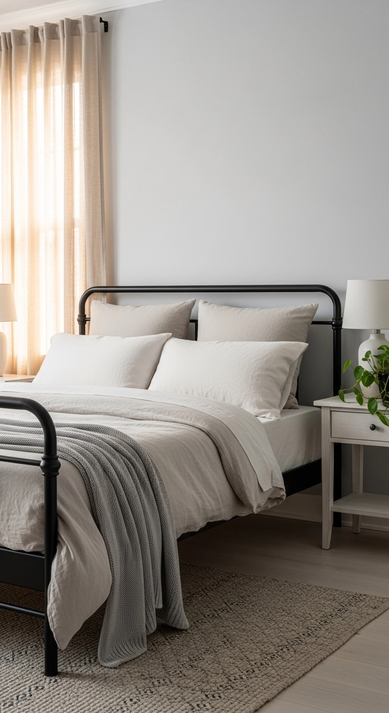 metal bed frame bedroom ideas with soft linen curtains and warm light