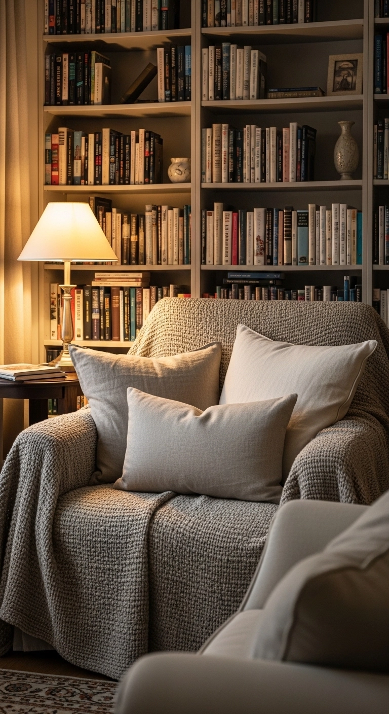 Library room ideas with soft textiles, pillows, and layered comfort