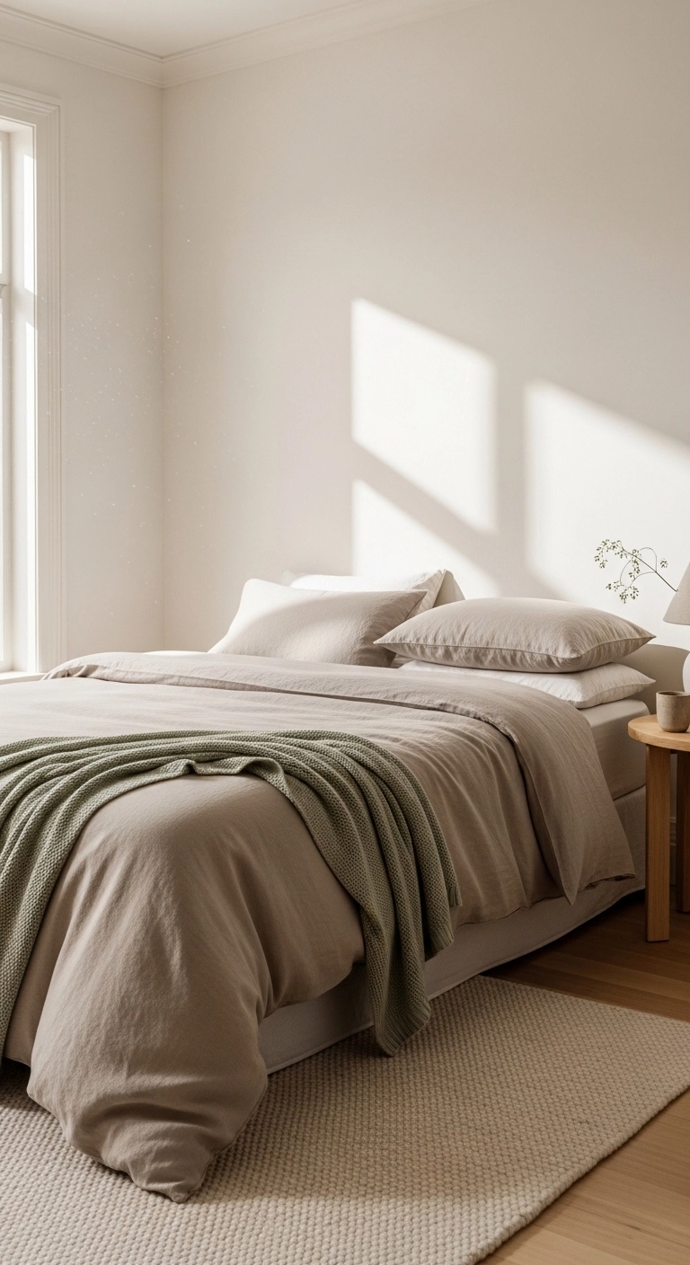 Calm bedroom ideas with muted neutral colors and soft sage accents