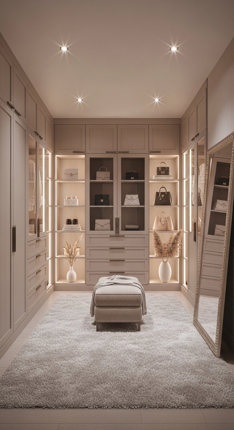 Walk in closet ideas in a soft neutral palette with a luxe organized feel