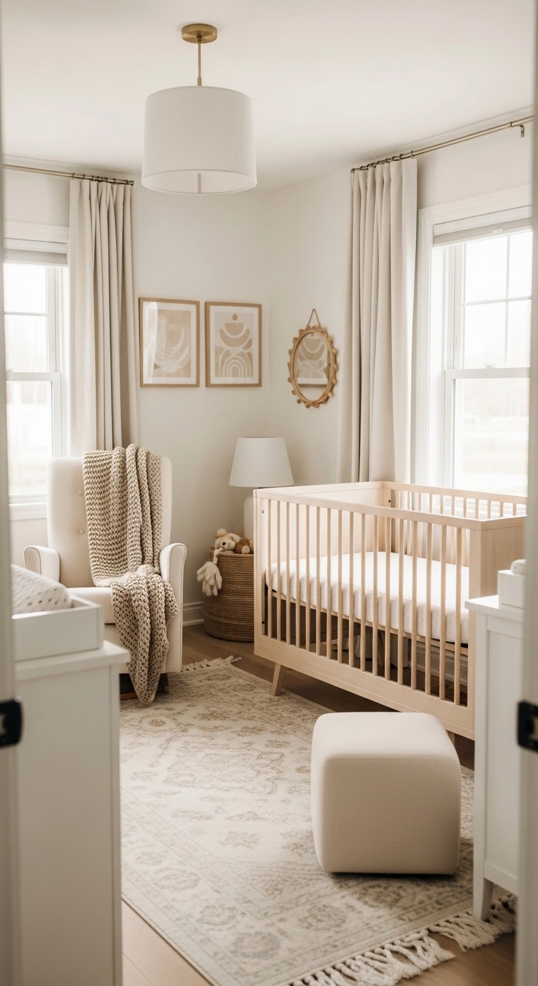 Baby nursery ideas with soft wall color, wood crib, and calm neutral decor