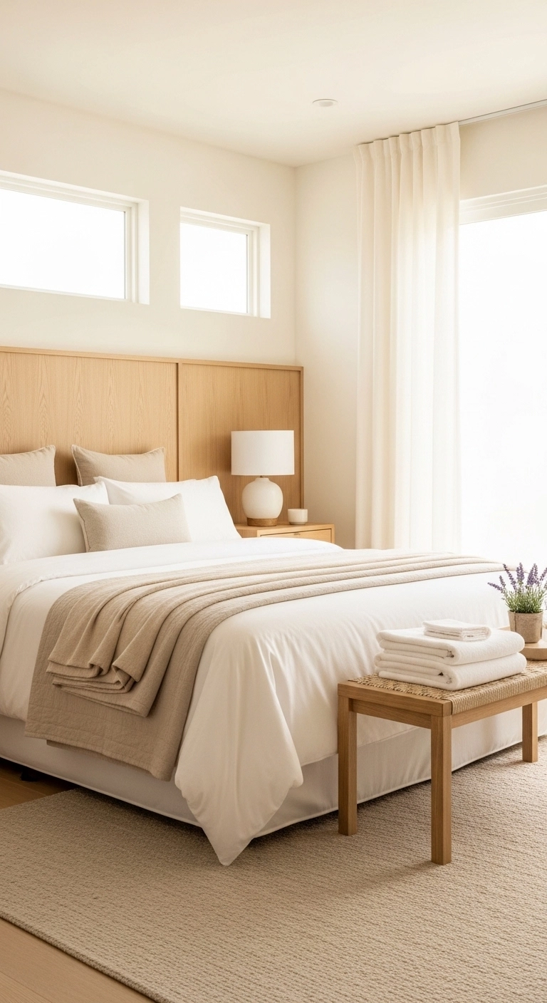 spa bedroom ideas with a soft neutral color palette and calm bedding