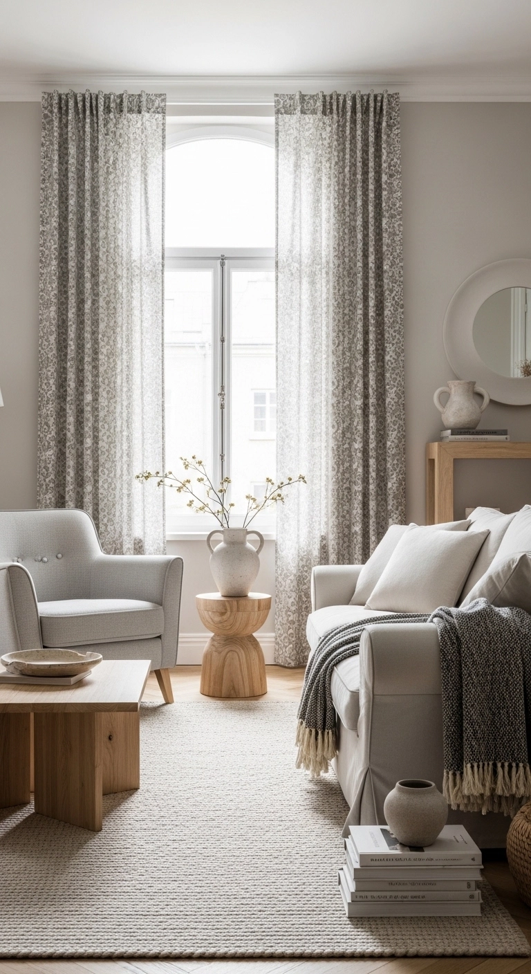 living room curtain ideas with soft patterned curtains in a calm stylish room