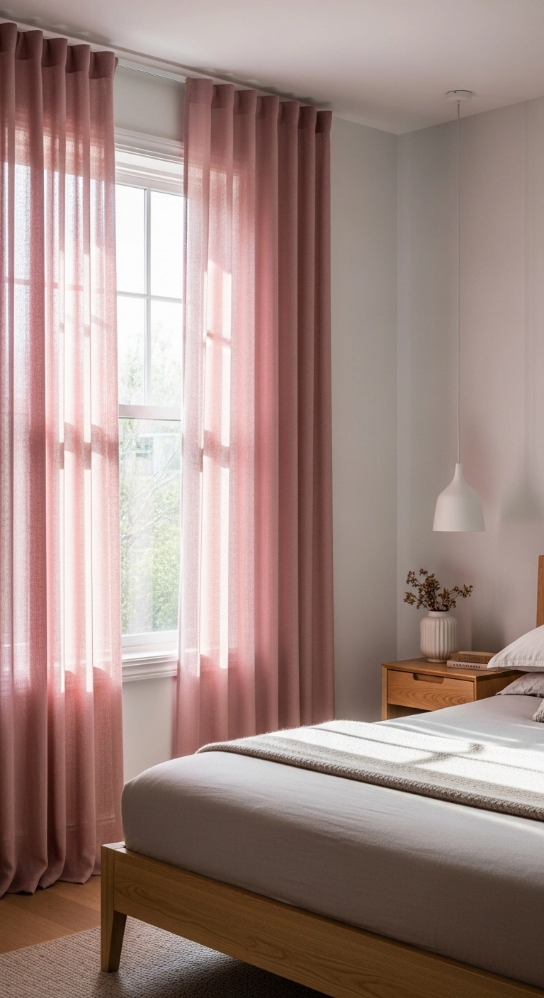 Pink bedroom ideas with soft pink curtains and natural light