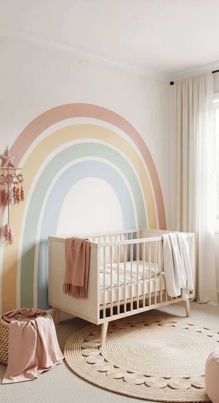 baby room themes with a soft rainbow mural in a calm neutral nursery