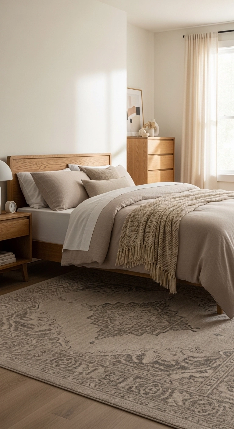 Calm bedroom ideas with a large neutral rug under the bed