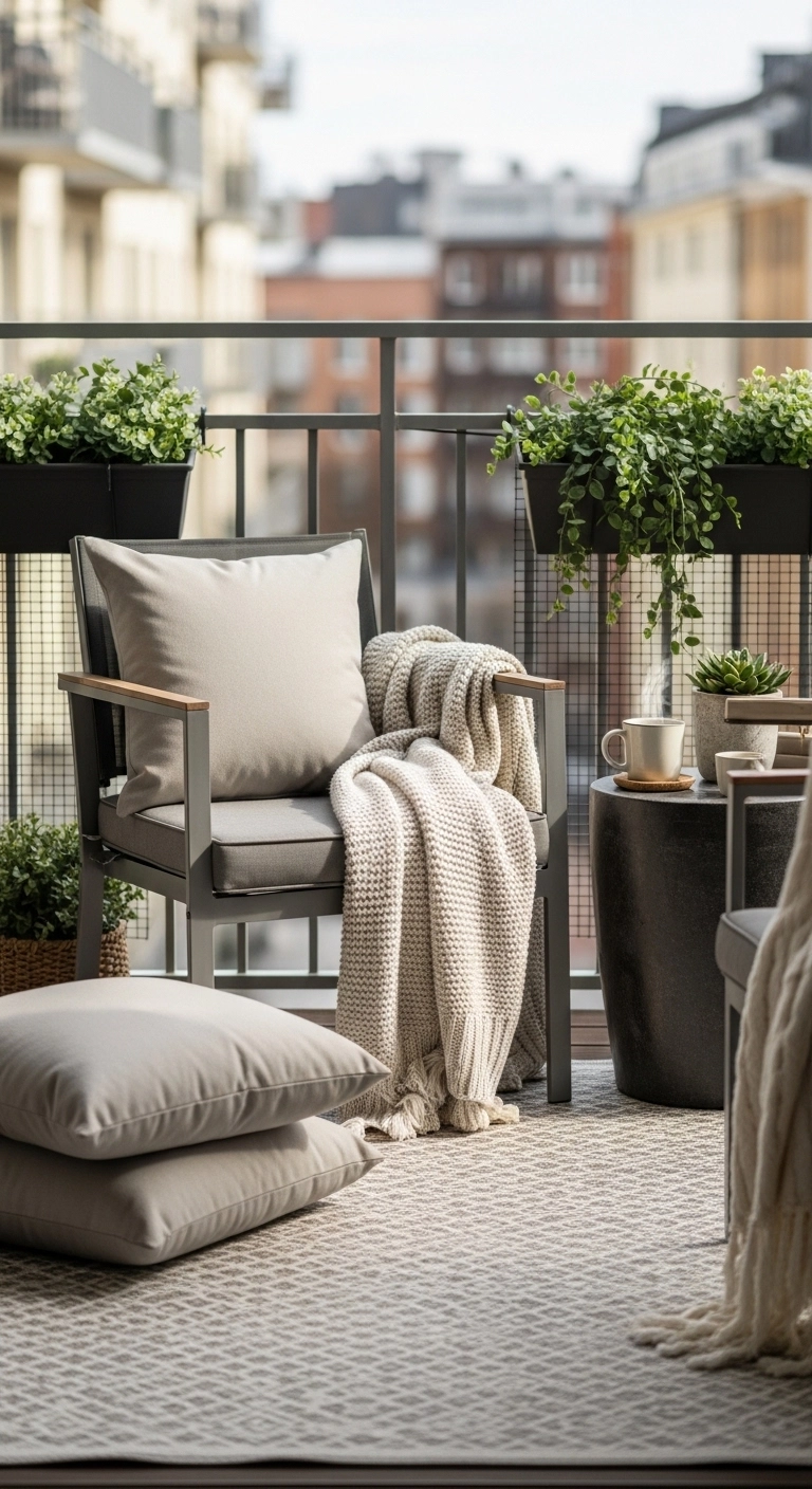 apartment balcony ideas with outdoor rug and weather-friendly cushions