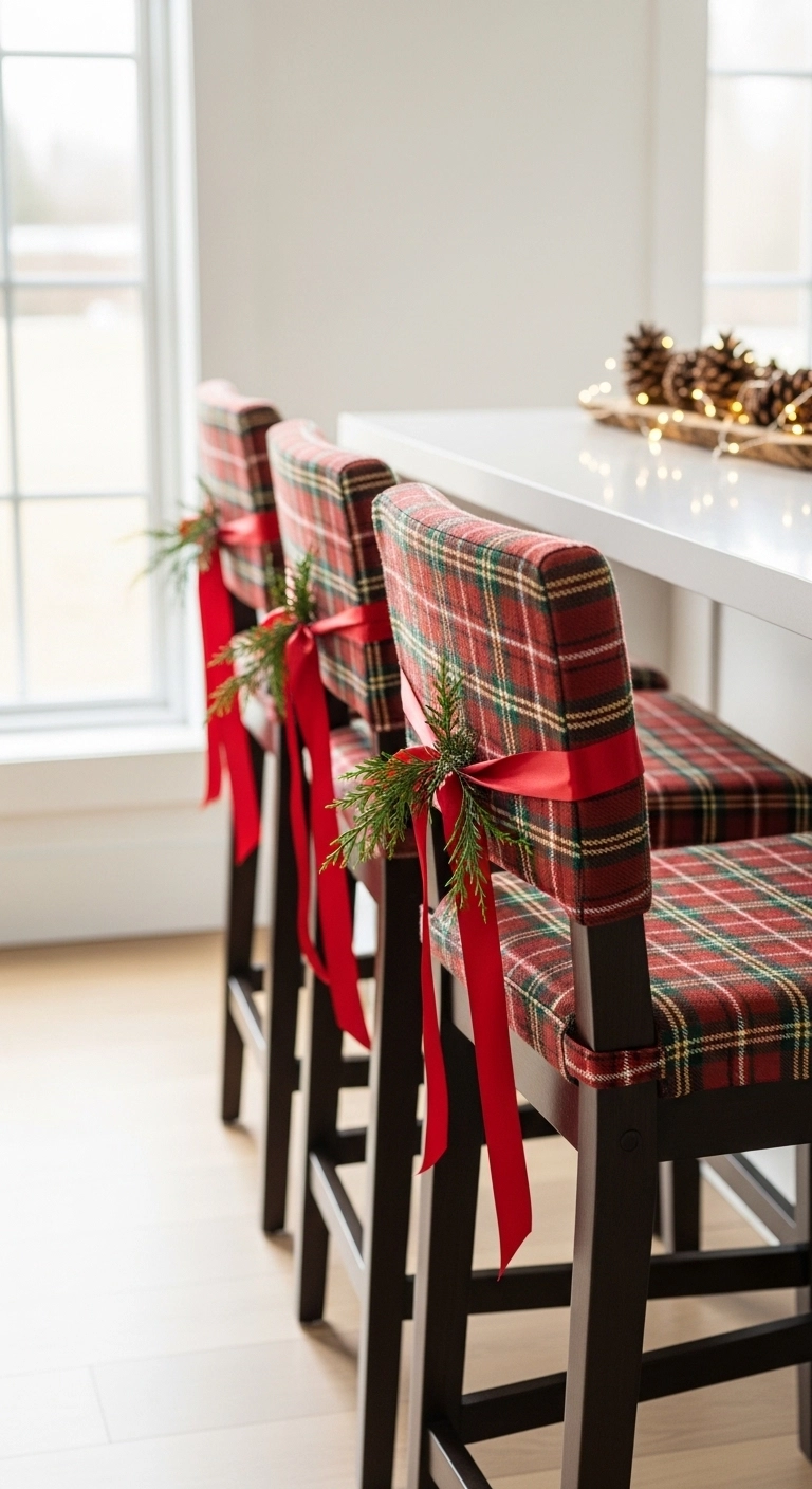 christmas kitchen decor ideas with plaid cushions and chair greenery